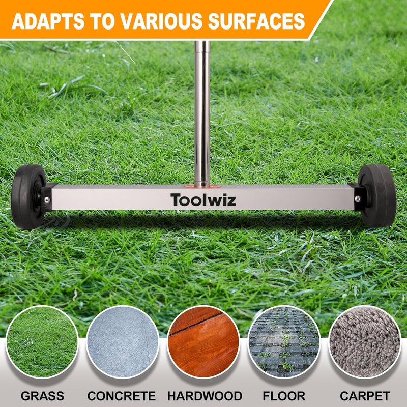 Toolwiz Magnetic Pick Up Sweeper 15-inch Heavy Duty Magnet Pickup Lawn Sweeper Roofing Tools, 10 Lbs Yard Tools with Telescoping Holder and Wheels to Clean Nails Adjustable Handle for Construction - Image 2
